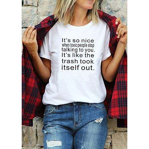 

Women's T shirt Text Letter Print Round Neck Tops 100% Cotton Basic Basic Top White Black Light Blue