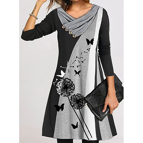 

Women's Shift Dress Knee Length Dress Gray Khaki Long Sleeve Print Color Block Patchwork Button Print Fall Spring Casual Loose 2021 S M L XL XXL