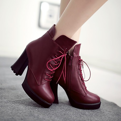 

Women's Boots Chunky Heel Round Toe Booties Ankle Boots Daily PU Synthetics Red Black