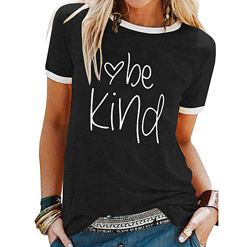 

Women's T shirt Graphic Text Letter Patchwork Print Round Neck Tops Basic Basic Top White Black Blue