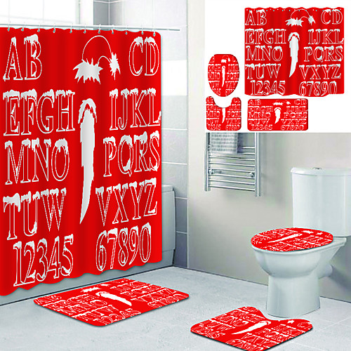 

White Snow Letters On Red Background Printed Bathtub Curtain Liner Covered With Waterproof Fabric Shower Curtain For Bathroom Home Decoration With Hook Floor Mat And Four-piece Toilet Mat