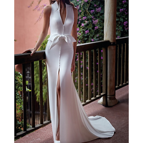 

Mermaid / Trumpet Wedding Dresses V Neck Court Train Stretch Satin Sleeveless Simple with Bow(s) Buttons 2021