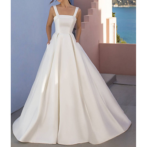 

A-Line Wedding Dresses Scoop Neck Floor Length Satin Sleeveless Country Simple with Pleats 2021