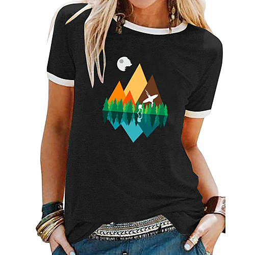 

Women's T shirt Graphic Prints Patchwork Print Round Neck Tops Basic Basic Top White Black Blue