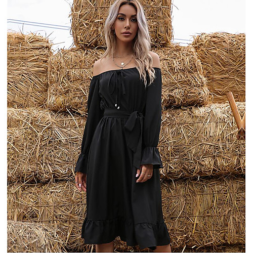 

Women's Swing Dress Knee Length Dress Black Long Sleeve Solid Color Fall Winter Casual Loose 2021 S M L XL