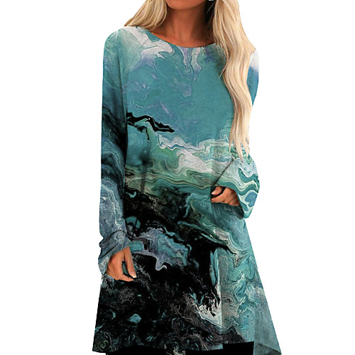 

Women's Shift Dress Short Mini Dress Green Long Sleeve Print Print Fall Spring Round Neck Casual Loose 2021 M L XL XXL 3XL