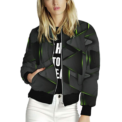 

Women's Jacket Going out Fall & Winter Regular Coat Stand Collar Loose 3D Print Active Jacket Long Sleeve Print Patchwork Black / Work