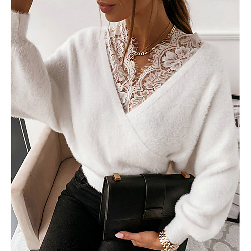 

Women's Stylish Lace Trims Solid Color Women's Hoodies Long Sleeve Sweater Cardigans V Neck Fall Winter White Brown