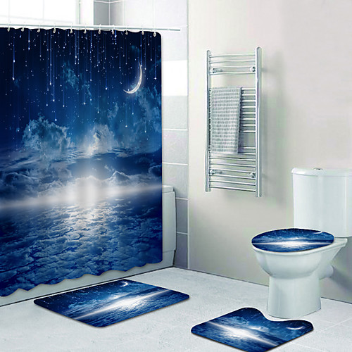 

Starfall Crescent Moon Digital Printing Four-piece Set Shower Curtains And Hooks Modern Polyester Machine Made Waterproof Bathroom
