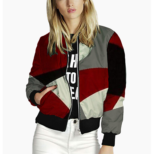 

Women's Jacket Sport Spring & Fall Regular Coat Stand Collar Regular Fit 3D Print Sporty Jacket Long Sleeve Color Block Patchwork Red / Going out