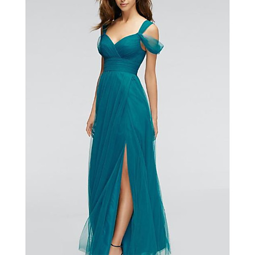 

A-Line V Neck Floor Length Tulle Bridesmaid Dress with Split Front