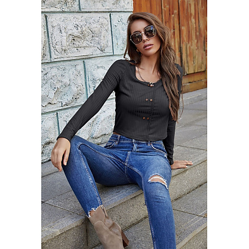 

Women's T shirt Plain Long Sleeve Button U Neck Tops Basic Basic Top Dark Gray