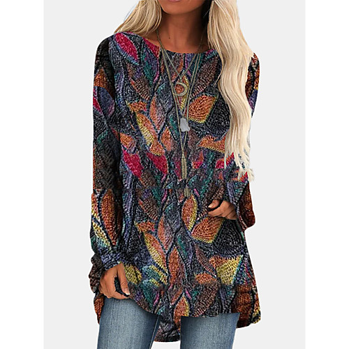 

Women's Color Block Long Sleeve Print Round Neck Vintage Style Tops Loose Purple Green Brown