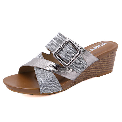 

Women's Sandals Wedge Heel Pointed Toe Wedge Sandals Casual Daily Walking Shoes Faux Leather Solid Colored Champagne Gold Gray