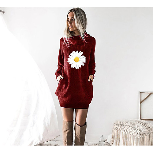 

Women's T shirt Dress Floral Graphic Prints Long Sleeve Cowl Neck Tops Black Wine Camel