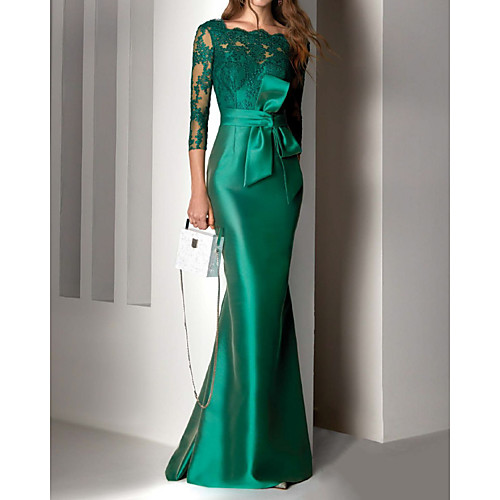 

Mermaid / Trumpet Mother of the Bride Dress Elegant Square Neck Floor Length Lace Satin 3/4 Length Sleeve with Bow(s) Appliques 2021