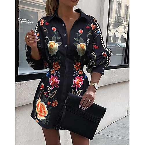 

Women's Shirt Dress Short Mini Dress Black Long Sleeve Floral Patchwork Print Fall Summer Shirt Collar Elegant Casual 2021 S M L XL XXL