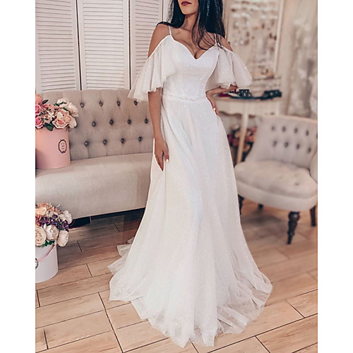 

A-Line Wedding Dresses V Neck Floor Length Tulle Sleeveless Beach Sexy with 2021