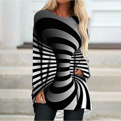 

Women's Shift Dress Short Mini Dress Black Long Sleeve Striped Print Spring Round Neck Casual Loose 2021 M L XL XXL 3XL
