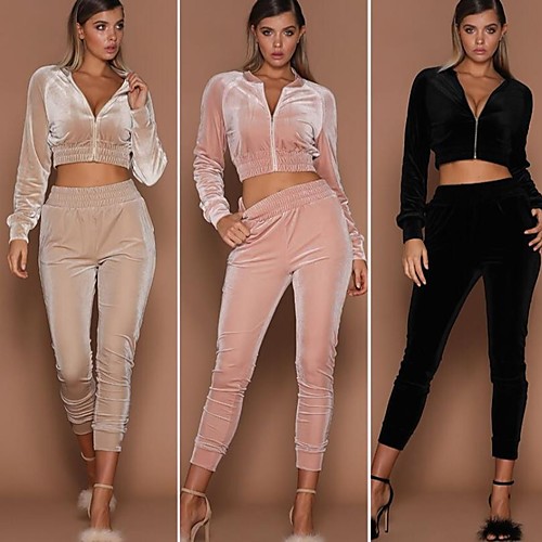 

Women's 2pcs Tracksuit Winter Elastic Waistband Fashion Cream Pink Black Velvet Fitness Gym Workout Running High Waist Crop Top Cropped Pants Clothing Suit Long Sleeve Sport Activewear Thermal Warm