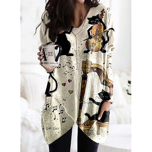 

Women's Shift Dress Short Mini Dress Long Sleeve Print Cat Pocket Print Fall Spring Casual 2021 White M L XL XXL 3XL