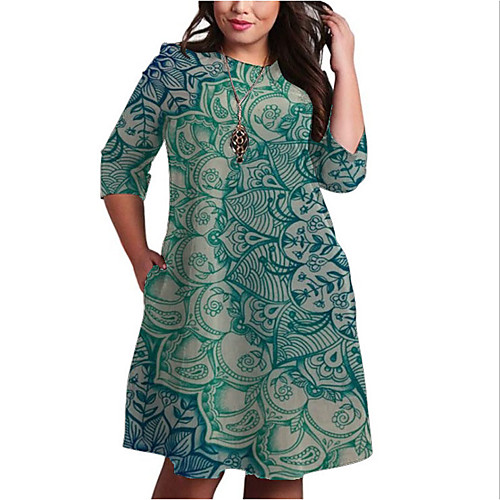 

Women's Shift Dress Knee Length Dress Green 3/4 Length Sleeve Print Print Fall Spring Round Neck Casual Loose 2021 XXL 3XL 4XL 5XL 6XL / Plus Size