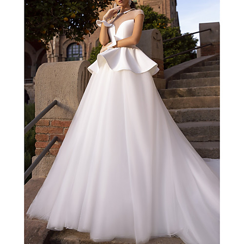 

A-Line Wedding Dresses Jewel Neck Chapel Train Satin Tulle Sleeveless Country Simple with Ruffles 2021