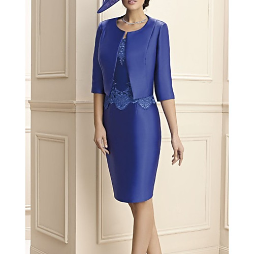 

Sheath / Column Mother of the Bride Dress Elegant Jewel Neck Knee Length Lace Satin Half Sleeve with Appliques 2021