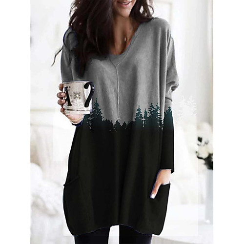 

Women's T Shirt Dress Tee Dress Short Mini Dress Blue Gray Long Sleeve Print Print Fall Spring V Neck Casual Loose 2021 S M L XL XXL 3XL / Plus Size / Plus Size