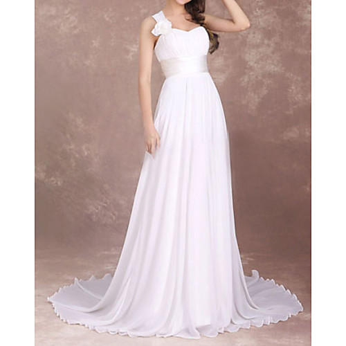 

Sheath / Column Wedding Dresses One Shoulder Court Train Chiffon Sleeveless Simple Beach with Pleats Appliques 2021