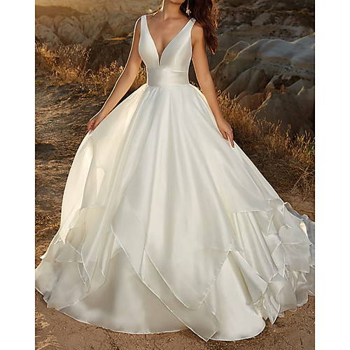 

A-Line Wedding Dresses V Neck Sweep / Brush Train Satin Sleeveless Country Formal Simple with Cascading Ruffles 2021