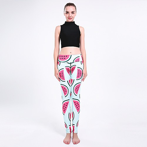 

Women's Basic Casual Comfort Daily Gym Leggings Pants Fruit Ankle-Length Patchwork Print Light Green
