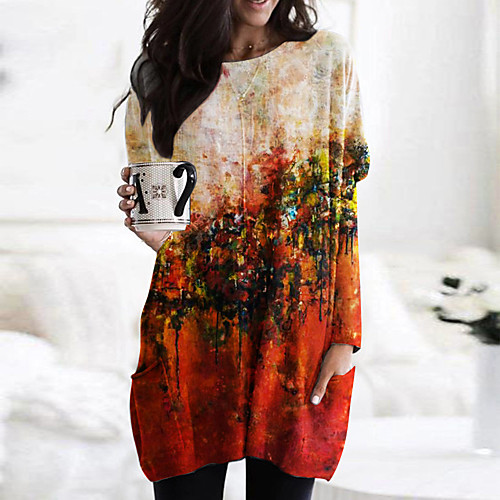 

Women's Shift Dress Short Mini Dress Orange Long Sleeve Print Print Fall Spring Round Neck Casual Loose 2021 M L XL XXL 3XL