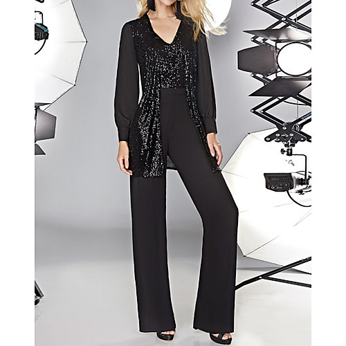 

Two Piece Pantsuit / Jumpsuit Mother of the Bride Dress Elegant V Neck Floor Length Knee Length Chiffon Sequined Long Sleeve with Color Block 2021