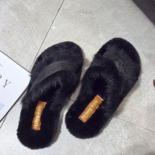 

Women's Slippers & Flip-Flops Flat Heel Round Toe Casual Daily Walking Shoes Faux Fur Solid Colored Black