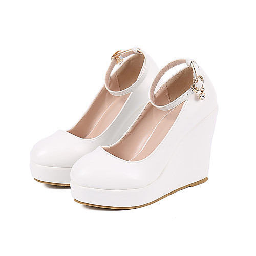 

Women's Heels Wedge Heel Round Toe Sexy Minimalism Roman Shoes Wedding Party & Evening PU Buckle Solid Colored White