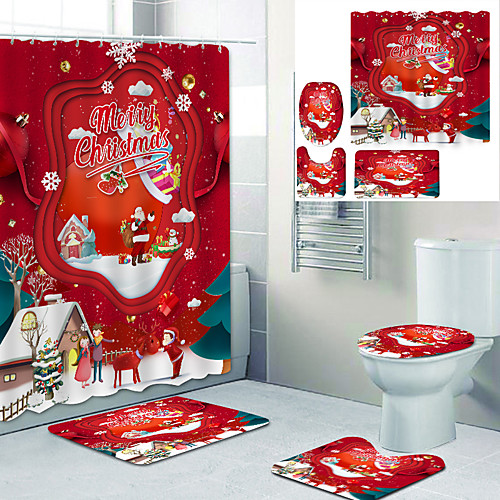 

Santa Gift Printed Bathtub Curtain Liner Covered With Waterproof Fabric Shower Curtain For Bathroom Home Decoration With Hook Floor Mat And Four-piece Toilet Mat