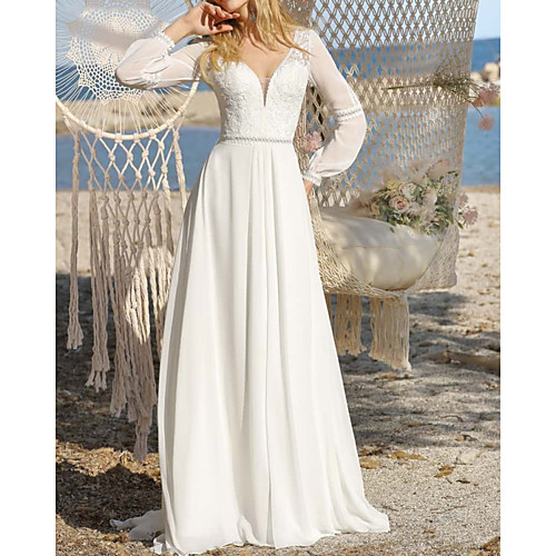 

A-Line Wedding Dresses Jewel Neck Floor Length Chiffon Long Sleeve Simple Beach with 2021
