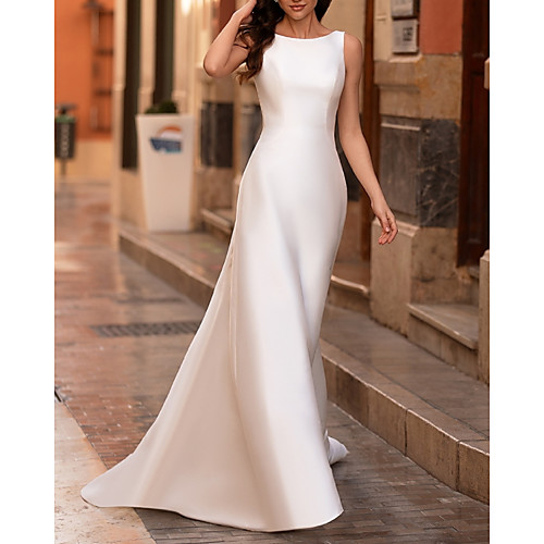 

Sheath / Column Wedding Dresses Jewel Neck Sweep / Brush Train Satin Sleeveless Country Simple with 2021