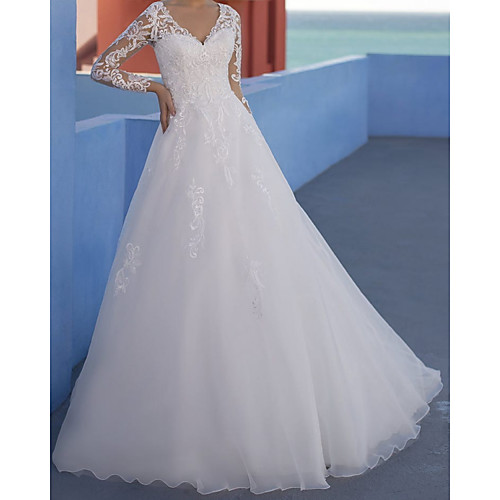

A-Line Wedding Dresses V Neck Floor Length Lace Tulle Long Sleeve Formal Beach Luxurious with Appliques 2021