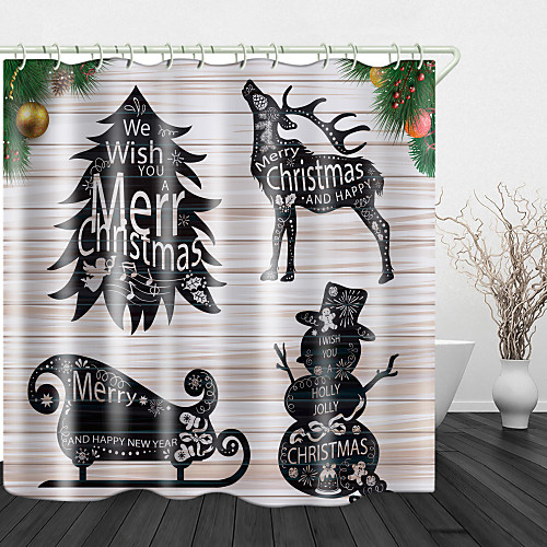 

Christmas Wooden Board Background Print Waterproof Fabric Shower Curtain For Bathroom Home Decor Covered Bathtub Curtains Liner Includes With Hooks