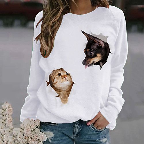 

Women's T shirt Cat Dog Animal Long Sleeve Print Round Neck Tops White