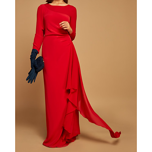 

Sheath / Column Mother of the Bride Dress Elegant Jewel Neck Floor Length Chiffon Long Sleeve with Ruffles 2021