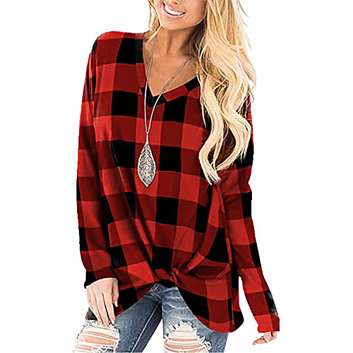 

Women's Blouse Striped Check Long Sleeve V Neck Basic Tops Black Red Wine