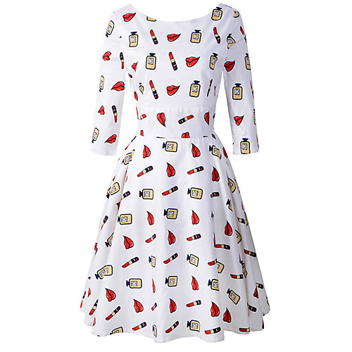 

Women's A Line Dress Knee Length Dress White 3/4 Length Sleeve Floral Patchwork Print Fall Spring Round Neck Elegant Vintage Party Slim 2021 M L XL XXL