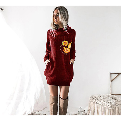 

Women's T shirt Dress Floral Graphic Prints Animal Long Sleeve Cowl Neck Tops Black Wine Camel