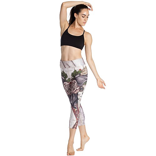 

Women's Casual Yoga Comfort Daily Gym Leggings Pants Patterned Skull Calf-Length Patchwork Print White