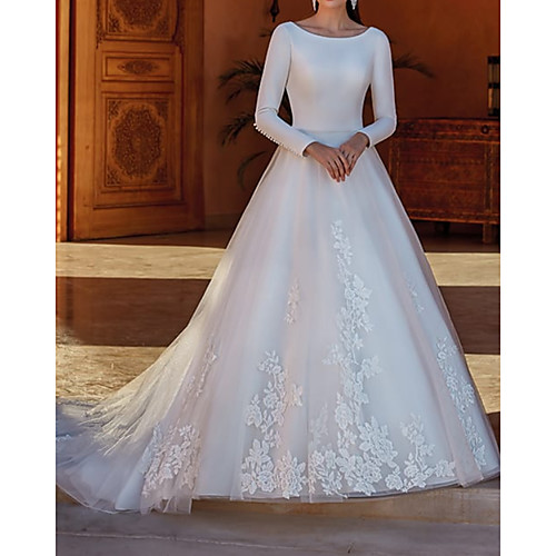 

A-Line Wedding Dresses Jewel Neck Court Train Lace Satin Tulle Long Sleeve Country Formal with Appliques 2021