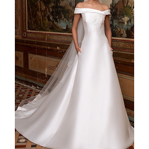 

A-Line Wedding Dresses Off Shoulder Court Train Satin Short Sleeve Formal Simple with Beading 2021