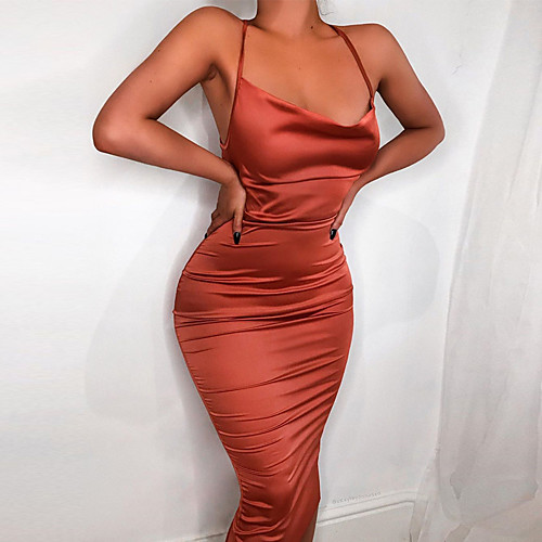 

Women's Strap Dress Knee Length Dress Blushing Pink Wine Green Black Red Sleeveless Solid Color Backless Lace up Fall Halter Neck Casual Sexy Party Club Slim 2021 S M L
